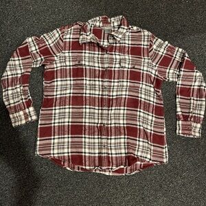 Burgundy, Gray, Black and white plaid flannel shirt